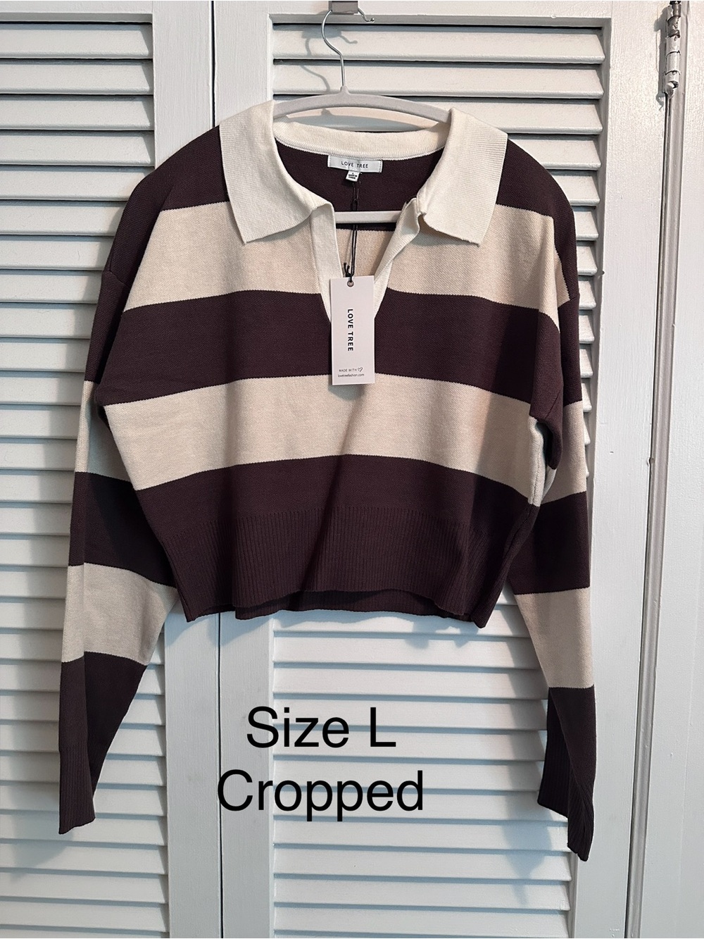Cropped Striped Rugby Sweater β Cream & Dark Brown, Size L